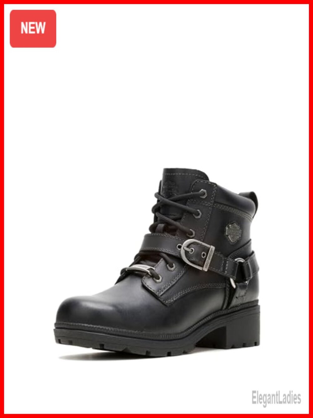 Full-Grain Leather Ankle Motorcycle Boots Lace-Up Harness Buckle Casual